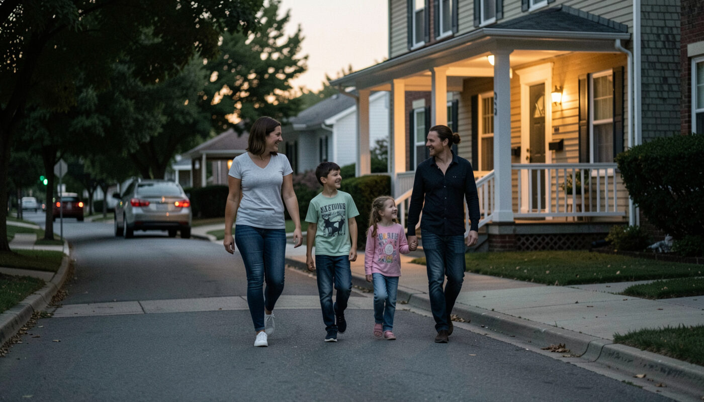 A family of four walking together down a dim residential street at dusk, away from their lit porch, practicing an escape route.